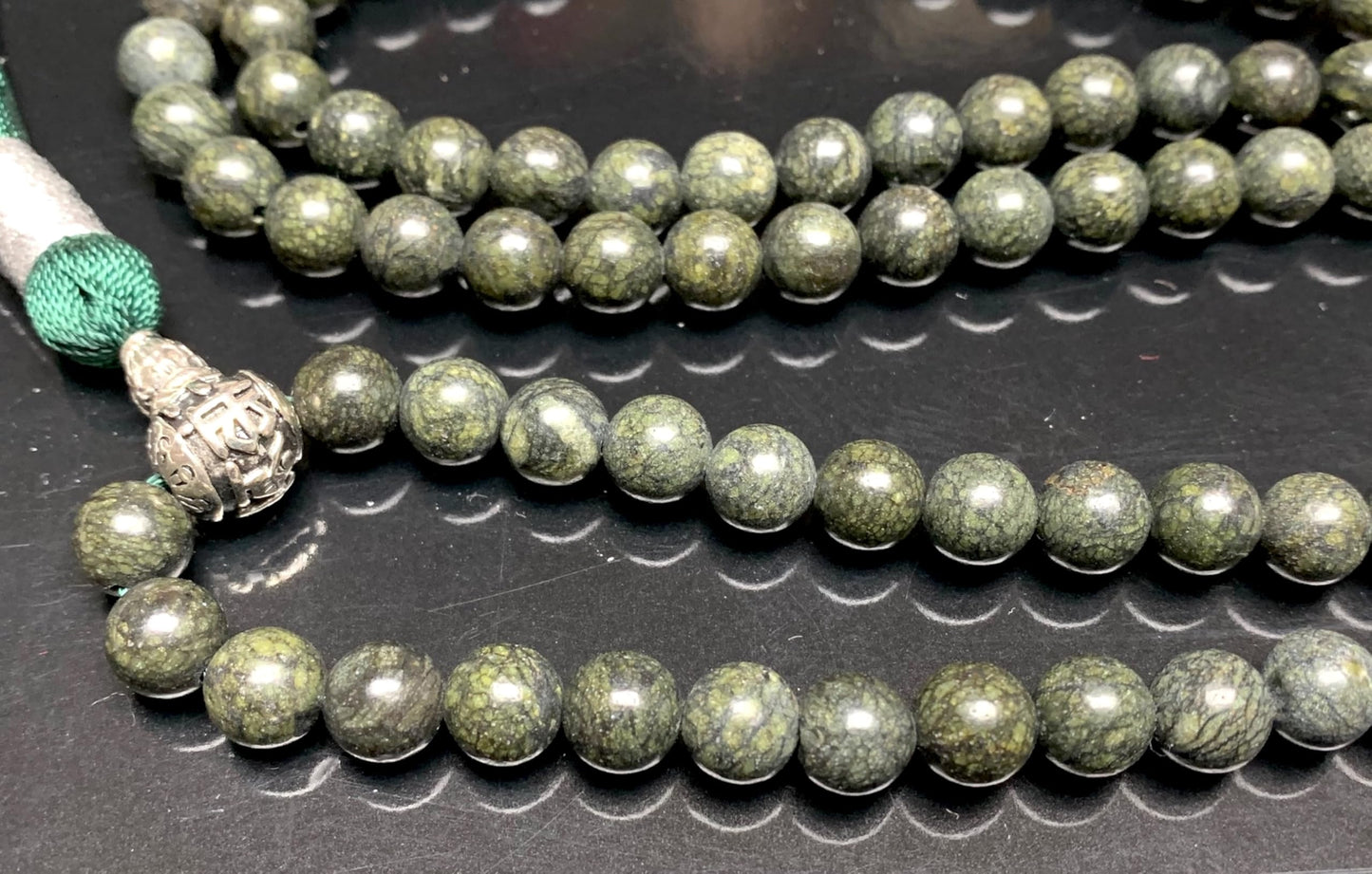 Handmade Om Serpentine Mala Necklace | Zinc Alloy Om Mani Padme Hum Guru | 8mm 108 Mala Beads | Heart Chakra | May Birthstone Energy | Ethically Sourced