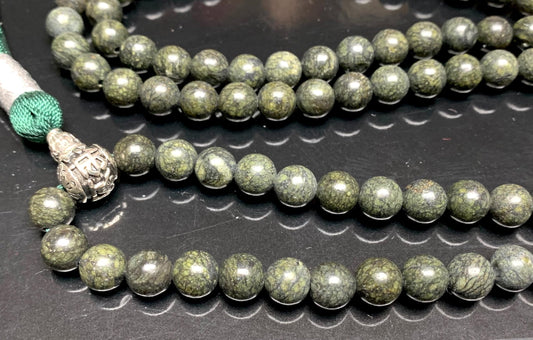 Handmade Om Serpentine Mala Necklace | Zinc Alloy Om Mani Padme Hum Guru | 8mm 108 Mala Beads | Heart Chakra | May Birthstone Energy | Ethically Sourced