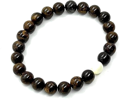 Bronzite & Mother of Pearl Stretch Bracelet (8mm Beads, 7.5 Inches) - Balance & Inner Strength: - Taurus & Gemini Birthstone & Root & Solar Plexus Harmony