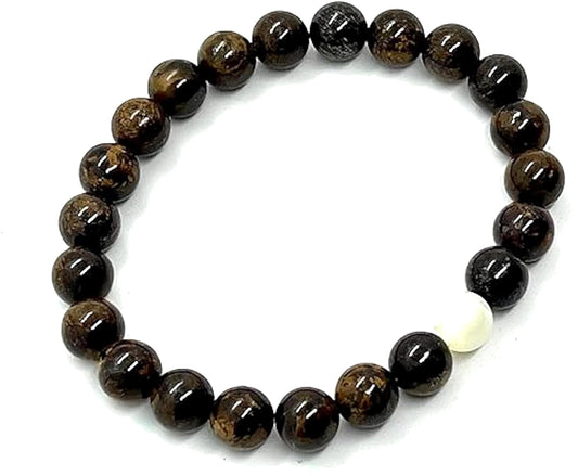 Bronzite & Mother of Pearl Stretch Bracelet (8mm Beads, 7.5 Inches) - Balance & Inner Strength: - Taurus & Gemini Birthstone & Root & Solar Plexus Harmony