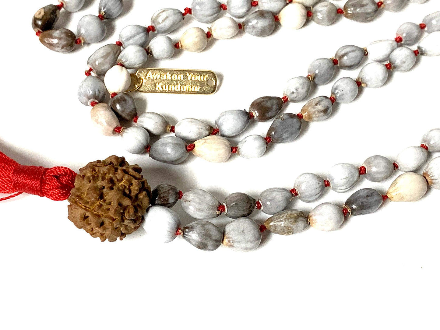 Vijayanti Vaijayanti mala beads necklace - Victory Mala 108 prayer beads for Laxmi Lakshmi Vishnu Krishna pooja puja - 5 mukhi (5 face) Rudraksha Rudraksh Guru bead - Awaken - w/Velvet Rosary pouch