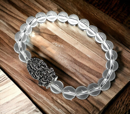 Handmade 8mm Clear Crystal Quartz Stretch Bracelet w/God Ganesha Ganesh Accent | Birthstone for April | Crown Chakra