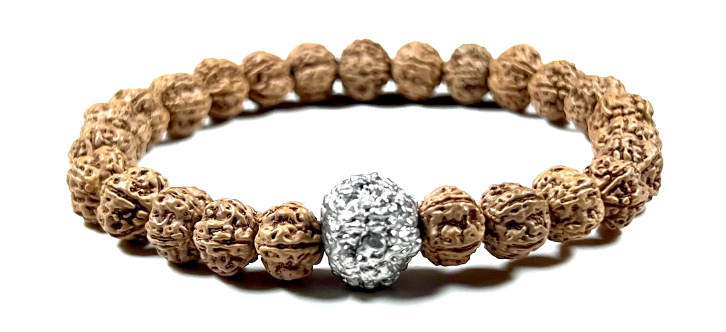 5 Mukhi Chikna Rudraksha with Parad (Mercury) Bead Stretch Bracelet – Leo Birthstone, Mercury Astrological Sign, Heart Chakra