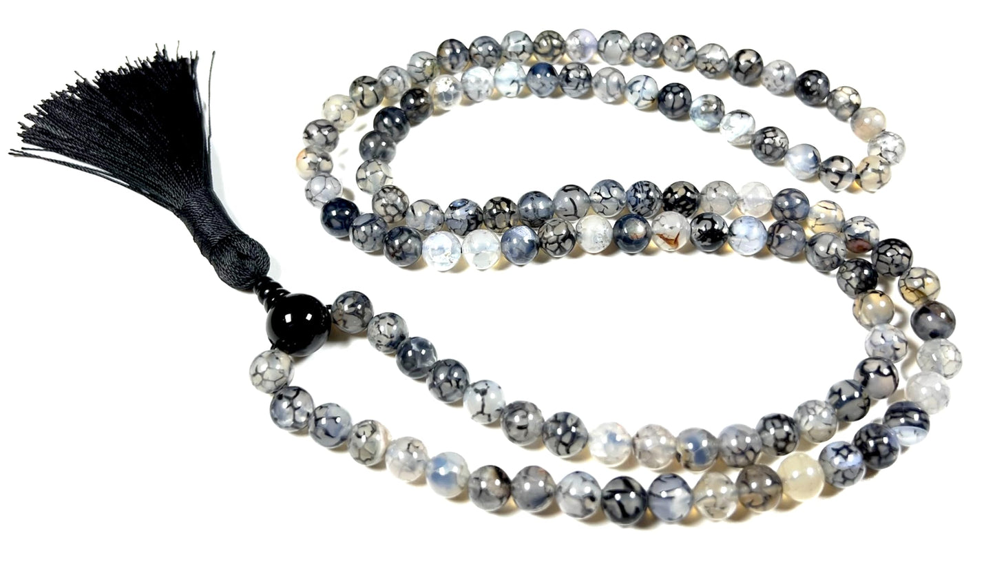 Handmade Black Dragon Vein Agate Mala Beads Necklace | 8mm 108 Beads | Spiritual Jewelry | Birthstone & Chakra Energy