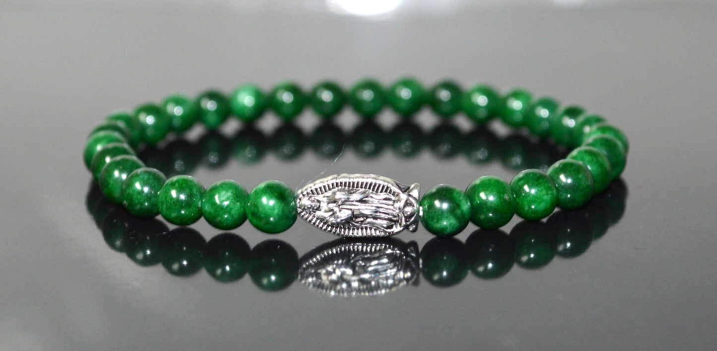 Green Jade Stretch Bracelet with Lucky Charm Accents - Taurus Birthstone for May - Heart Chakra