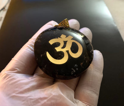Shungite Om Symbol Orgone Pendant Necklace, 2 Inch Diameter, Aquarius Gemstone, Root & Crown Chakra