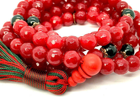 Faceted Red Agate and Green Agate Mala Necklace | 8mm, 108 Beads | August & May Birthstones, Leo & Taurus Zodiac, Heart & Root Chakras