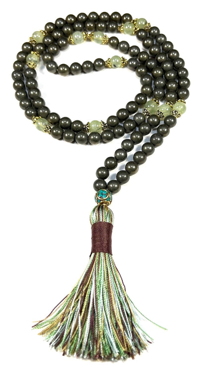 Pyrite and Prehnite Mala Necklace – 8mm 108 Beads – August and February Birthstone – Leo and Pisces Zodiac Mala – Solar Plexus and Heart Chakra Necklace