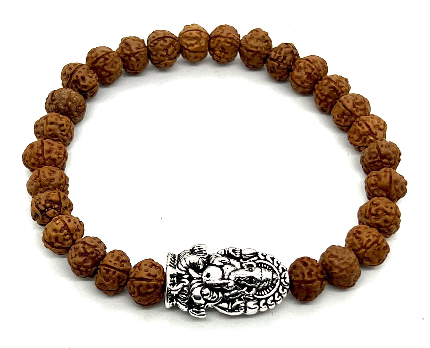 Rudraksha Beads Stretchable Bracelet - 8mm Real Chikna Rudraksh Beads - w/God Ganesha Ganesh Ganpati - Wrist Size 7.5 Inches