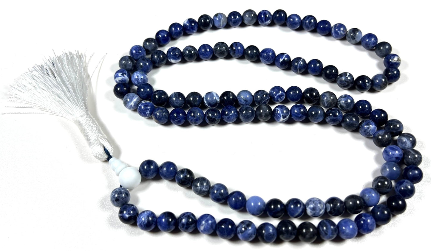 Sodalite Mala Beads Necklace – 8mm, 108 Beads – Throat & Third Eye Chakra, Sagittarius Birthstone