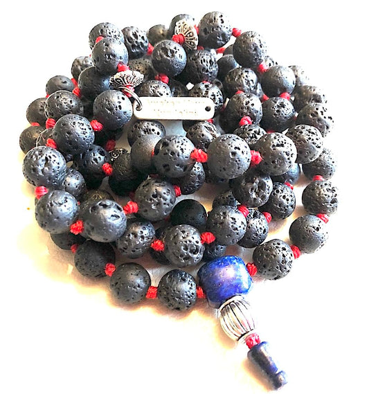 VULCAN Lava Mala Necklace with Lapis Guru Bead | Hand-Knotted 108 Beads