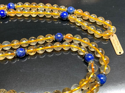 SolSky | Handmade Wisdom Necklace – Natural Citrine & Lapis Lazuli Mala Beads | 8mm 108 Beads | Solar Plexus & Throat Chakras | November & September Birthstones | Ethically Sourced