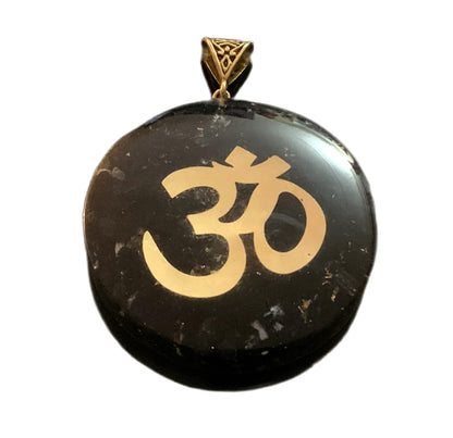 Shungite Om Symbol Orgone Pendant Necklace, 2 Inch Diameter, Aquarius Gemstone, Root & Crown Chakra