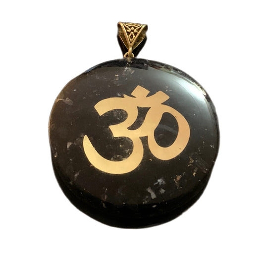 Shungite Om Symbol Orgone Pendant Necklace, 2 Inch Diameter, Aquarius Gemstone, Root & Crown Chakra