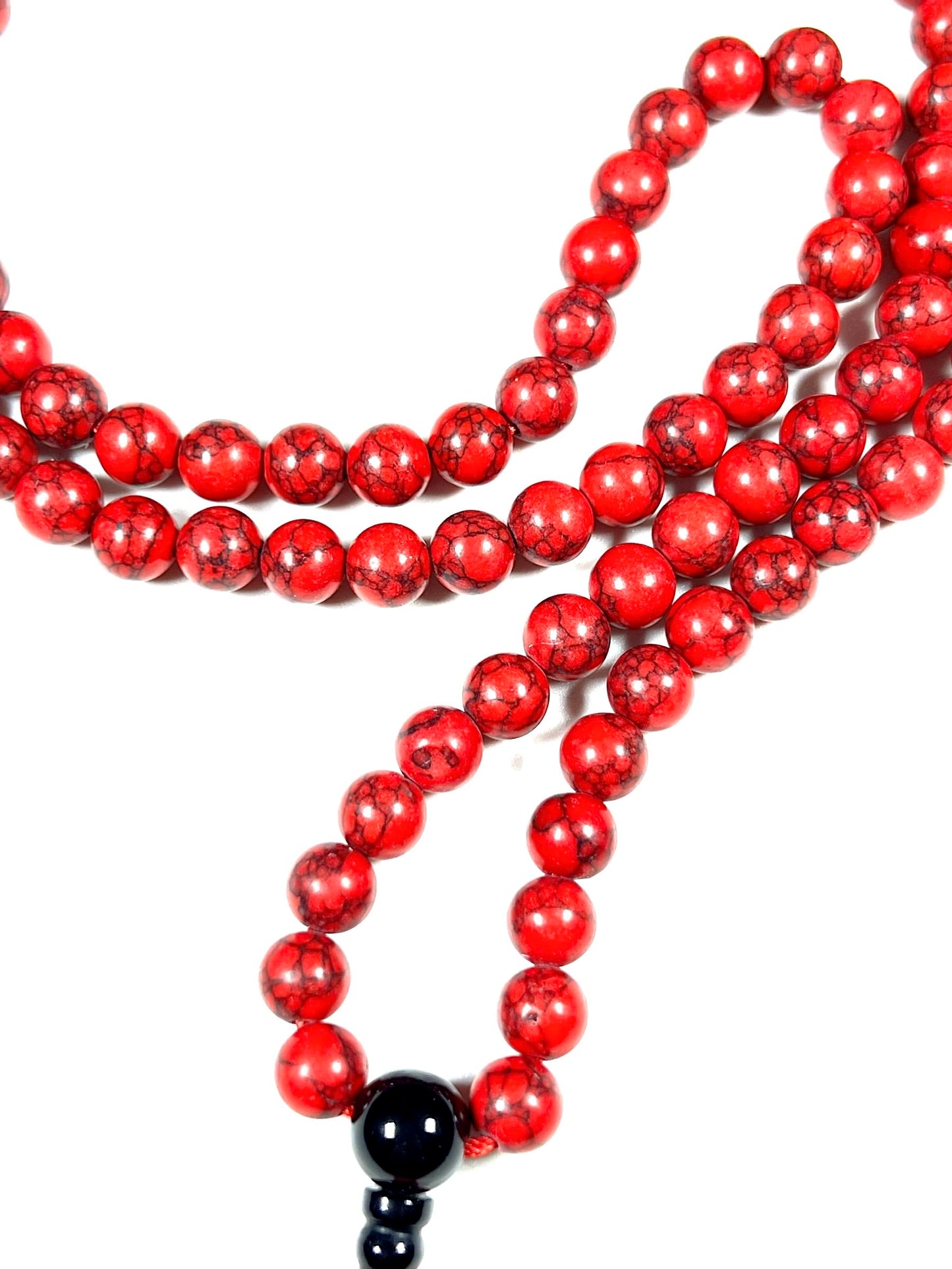Handmade Red Howlite Mala Beads Necklace | 8mm 108 Beads | Black Onyx Guru Bead | Hand-Knotted Spiritual Jewelry | Birthstone & Root Chakra Energy
