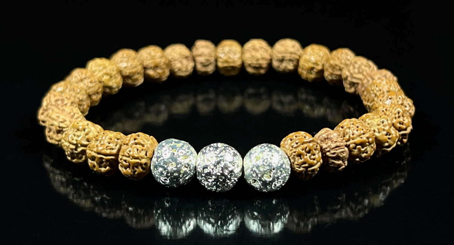 VULCAN Rudraksha & Silver-Plated Lava Bracelet | 8mm Stretch Design