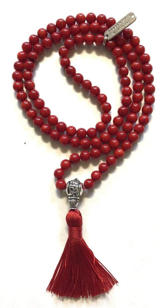 Red coral prayer beads japa mala necklace 6-7mm handmade 108+1 yoga meditation beads. Buddhist karma rosary for nirvana chanting om awakening chakra kundalini - w/Velvet Pouch