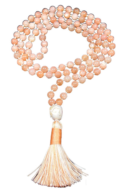 Hand Knotted Peach Moonstone Mala Necklace – Emotional Healing & Divine Feminine Energy | Sacral Chakra | VESTA Collection