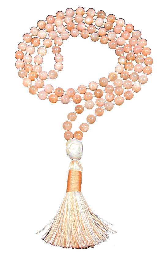 Hand Knotted Peach Moonstone Mala Necklace – Emotional Healing & Divine Feminine Energy | Sacral Chakra | VESTA Collection
