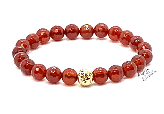 Red Carnelian & Golden Finish Lava Rock Stretch Bracelet – 8mm Beads – AAA Grade Faceted – Sacral Chakra & Leo Birthstone
