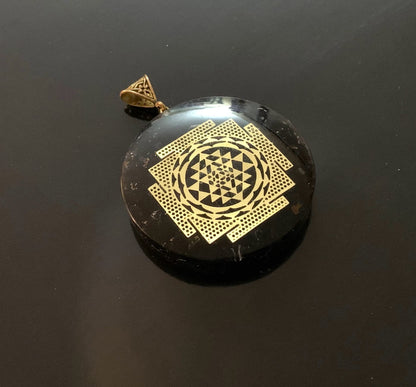 Shungite Sri Yantra Orgone Pendant Necklace, 2 Inch Diameter, Aquarius Gemstone, Root & Crown Chakra - Embrace Harmony: