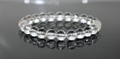 Diamond Cut Crystal Quartz Stretch Bracelet – 6mm & 8mm – April Birthstone for Aries and Taurus Zodiac Sun Sign – Crown Chakra Energy Bracelet