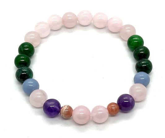 Harmony & Balance Bracelet: Amethyst, Rose Quartz, Green Jade, Angelite, Rhodochrosite (8mm Beads, 7.5 Inch Wrist)