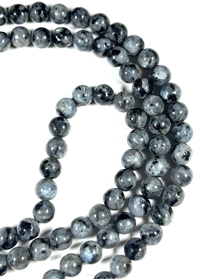 Handmade Larvikite Mala Beads Necklace | Iridescent Blue & Silver Flashes | 8mm 108 Beads | Hand-Knotted Nordic Protection Stone | Birthstone & Root Chakra Energy