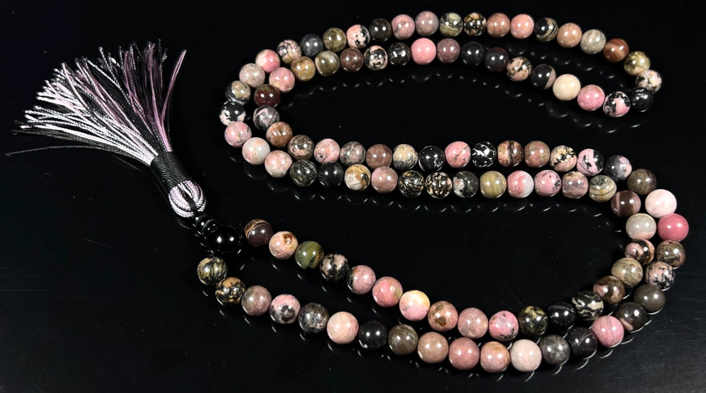 Rhodonite Mala Beads Necklace with Black Onyx Guru Bead – 108 Beads – 6mm & 8mm – Heart Chakra & Gemini Birthstone – Meditation Jewelry