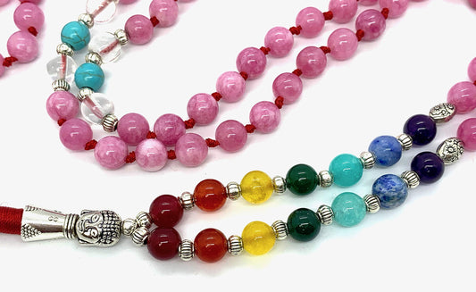 Awaken Your Kundalini Energized 7 Chakra mala Hand Knotted 108 mala beads necklaces - Japa mala - Buddhist prayer beads - Meditation beads - Healing crystals for men women (Pink Jade chakra mala)