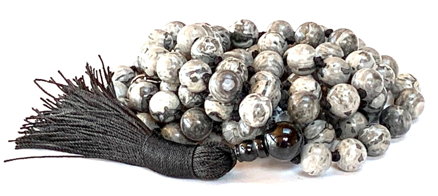 Hand Knotted Scenic Jasper Mala Beads Necklace with Black Onyx Guru Bead – 108 Beads – 6mm & 8mm – Root Chakra & Aries Birthstone – Spiritual Meditation Jewelry