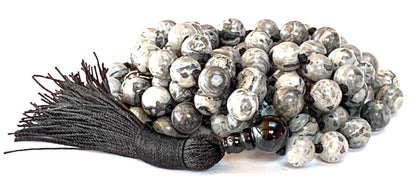 Hand Knotted Scenic Jasper Mala Beads Necklace with Black Onyx Guru Bead – 108 Beads – 6mm & 8mm – Root Chakra & Aries Birthstone – Spiritual Meditation Jewelry