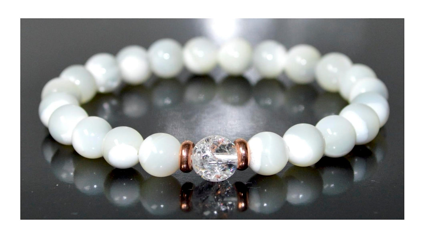 Mother of Pearl & Himalayan Ice Crystal Quartz Bracelet - Gemini & Cancer Birthstone - Heart & Crown Chakra Jewelry