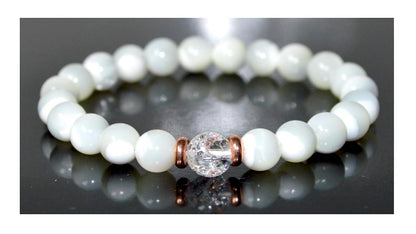 Mother of Pearl & Himalayan Ice Crystal Quartz Bracelet - Gemini & Cancer Birthstone - Heart & Crown Chakra Jewelry