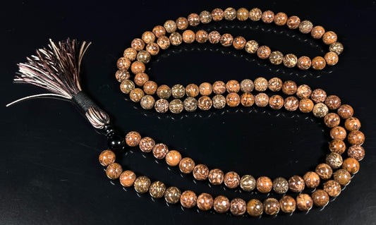 Handmade Natural Coquina Jasper Mala Beads Necklace – 8mm, 108 Beads – Root & Sacral Chakra, Aries & Scorpio Birthstone