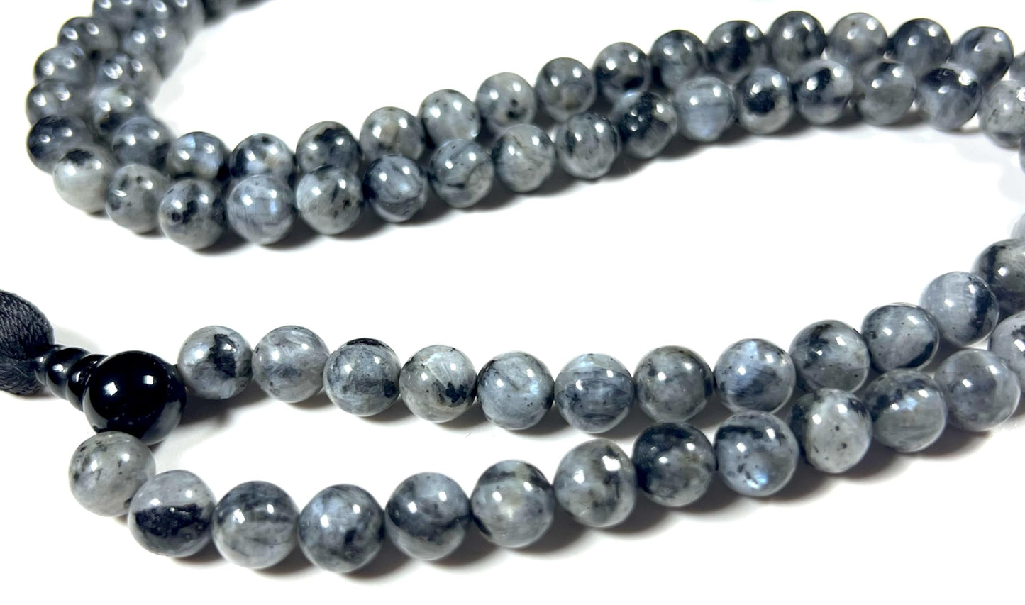 Handmade Larvikite Mala Beads Necklace | Iridescent Blue & Silver Flashes | 8mm 108 Beads | Hand-Knotted Nordic Protection Stone | Birthstone & Root Chakra Energy