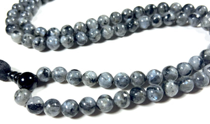 Handmade Larvikite Mala Beads Necklace | Iridescent Blue & Silver Flashes | 8mm 108 Beads | Hand-Knotted Nordic Protection Stone | Birthstone & Root Chakra Energy
