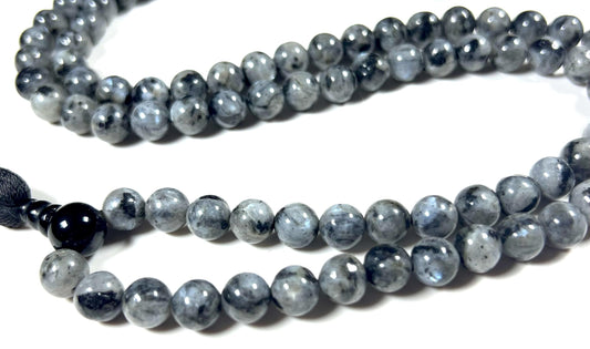 Handmade Larvikite Mala Beads Necklace | Iridescent Blue & Silver Flashes | 8mm 108 Beads | Hand-Knotted Nordic Protection Stone | Birthstone & Root Chakra Energy
