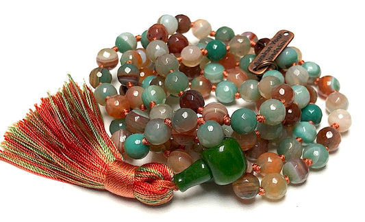 Experience Serenity & Balance with the Hand-Knotted Indian Agate Mala Beads Necklace - Taurus & Gemini Birthstone, Heart & Root Chakra Activation
