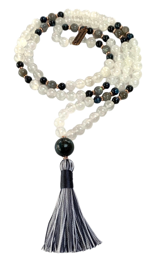 Selenite, Blue Kyanite & Labradorite Mala Necklace | 108 Beads | SHASHI & ALIGN Collection