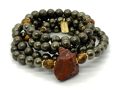 Stunning Pyrite Tiger's Eye Mala Beaded Necklace - Leo Virgo Birthstone for July August September - Sacral Solar Plexus Chakra Alignment