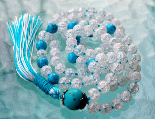 Crackled Quartz & Turquoise Hand-Knotted Mala Necklace  | PRABHA Collection