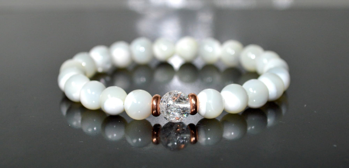 Mother of Pearl & Himalayan Ice Crystal Quartz Bracelet - Gemini & Cancer Birthstone - Heart & Crown Chakra Jewelry