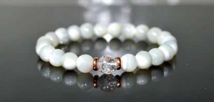 Mother of Pearl & Himalayan Ice Crystal Quartz Bracelet - Gemini & Cancer Birthstone - Heart & Crown Chakra Jewelry