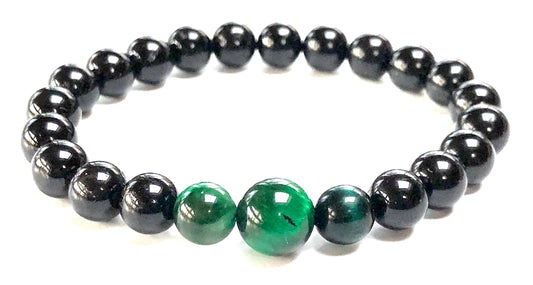 Black Tourmaline and Green Tiger's Eye Stretch Bracelet – Root and Heart Chakra - Scorpio and Sagittarius Birthstone Jewelry