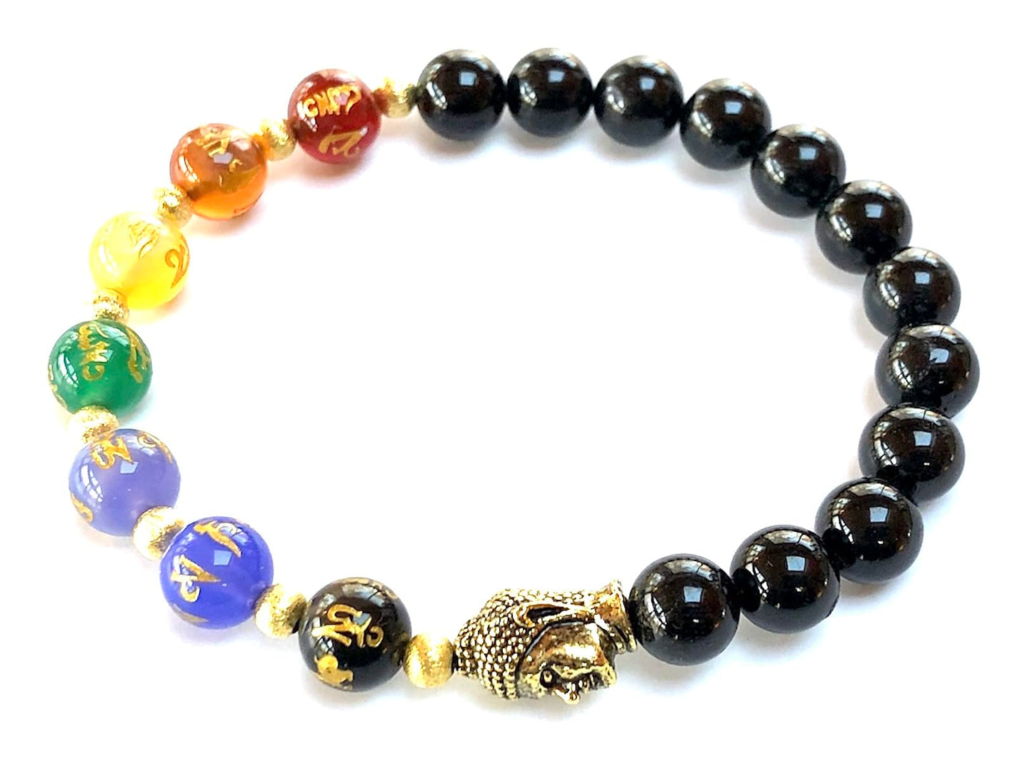 7 Chakra Black Tourmaline & Buddha Stretch Bracelet – 8mm Beads - Onyx Beads with "Om Mani Padme Hum" Inscription – Chakra Balancing & Zodiac Birthstones