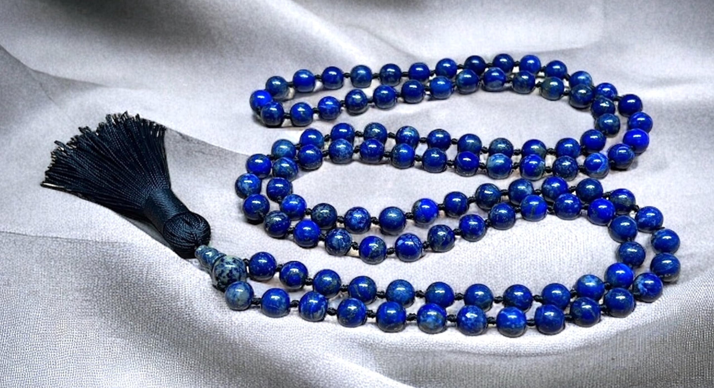 Hand-Knotted Lapis Lazuli Mala Beads Necklace – Sagittarius Birthstone for November & December - Third Eye Chakra