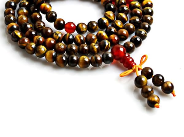 Handmade Tiger's Eye Mala Necklace (8mm, 108 Beads) - Leo & Aries Birthstone - Solar Plexus Chakra