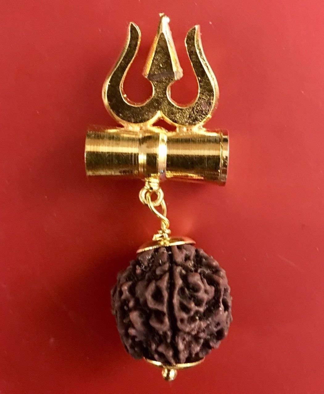Awaken Your Kundalini Divine Energy: Tri Shakti Trishul Damru - 5 Rudraksha Pendant - Lord Shiva Blessings (Style-2 Astadhatu w/Trishul)