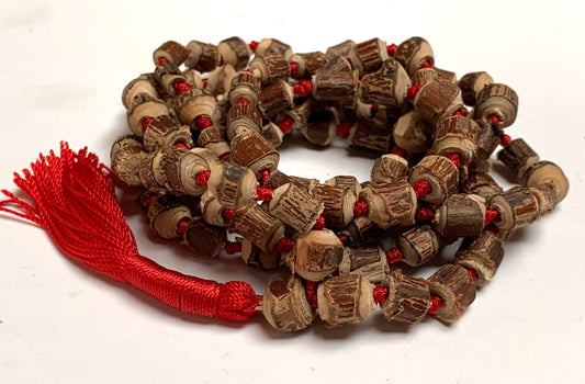 Tulsi mala beads necklace - Energized hand knotted Holy Basil 108 beads w/Velvet Pouch - PURE RAW CUT ROUGH Prayer beads - chanting mantra Meditation - Red Blue Green Orange String (RED)